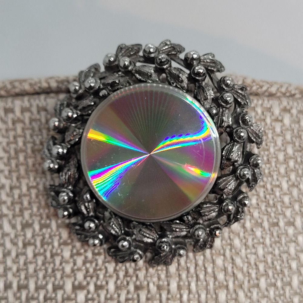 Vintage Jewelarama Brooch Silver Rainbow Holographic Wreath Leaf Pin